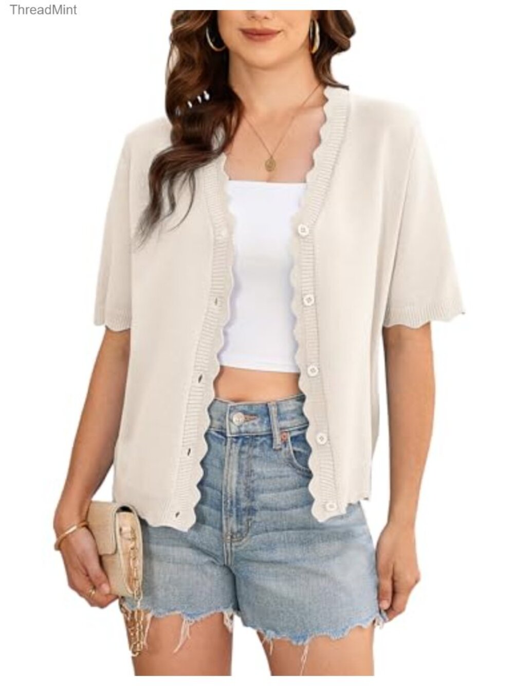 Women's Scalloped Cropped Short Sleeve Cardigan Knit Shrug for Dress